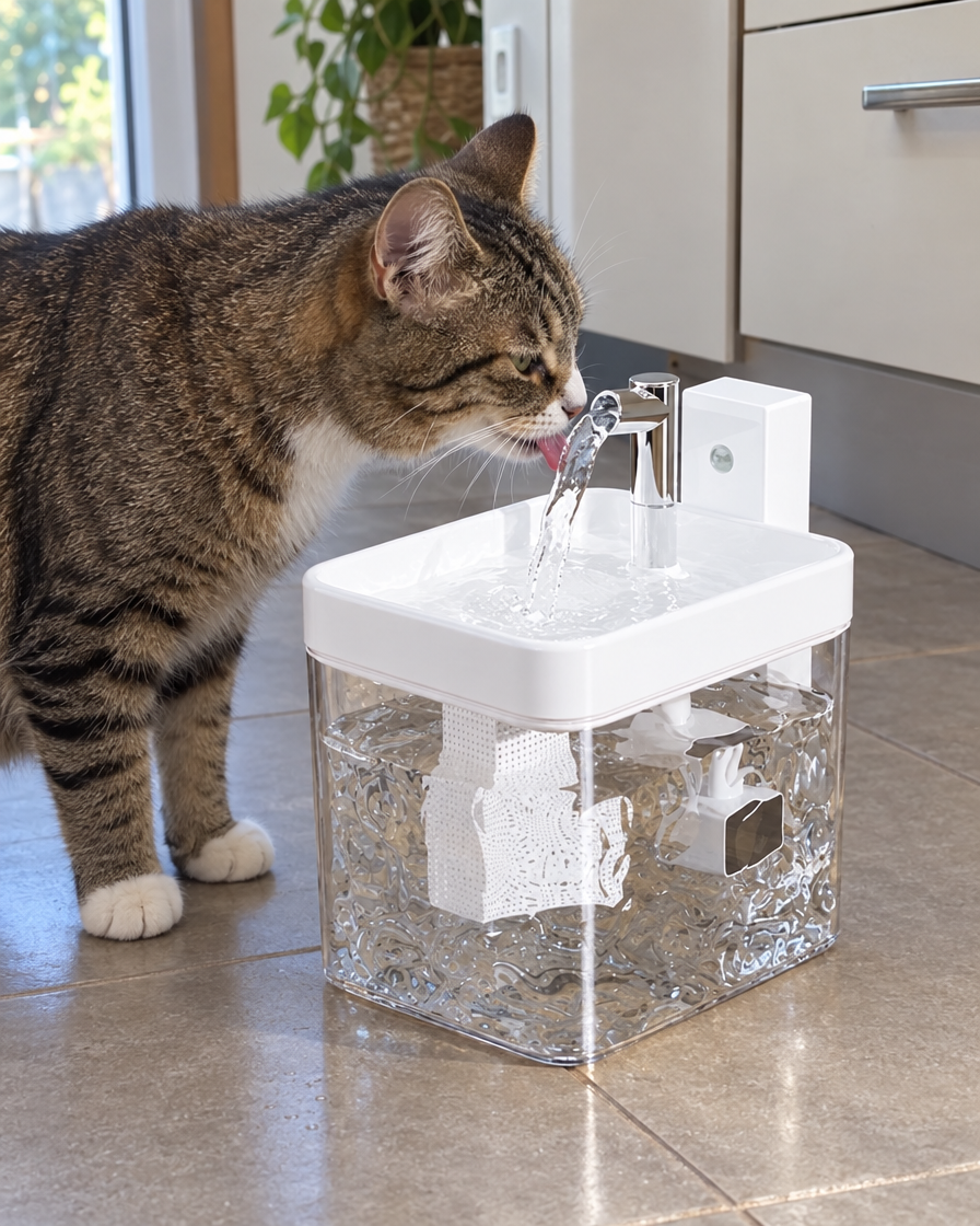 Chat buvant à la fontaine à détecteur de mouvement