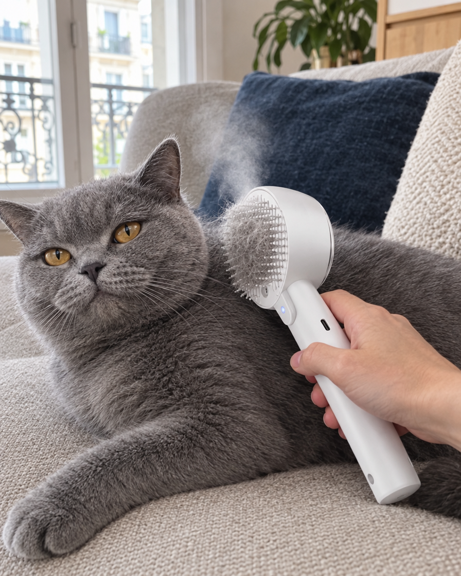 Brossage d'un chat gris avec la brosse vapeur