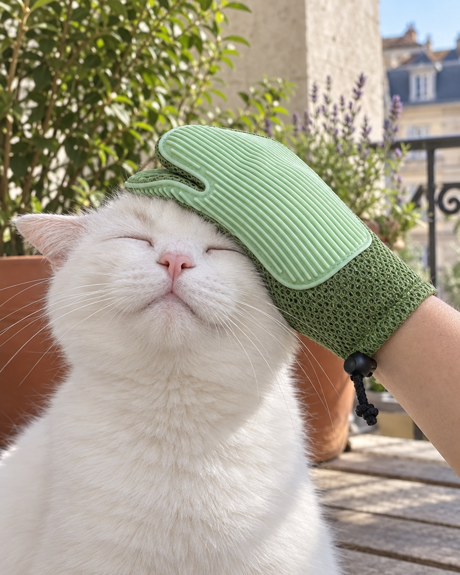 Chat blanc ronronnant sous le gant de toilettage