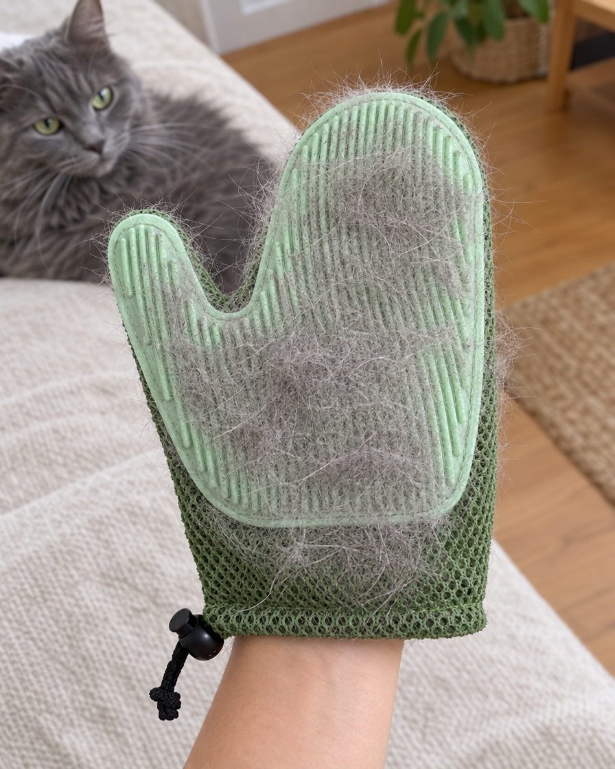 Gant anti-poils couvert de poils de chat