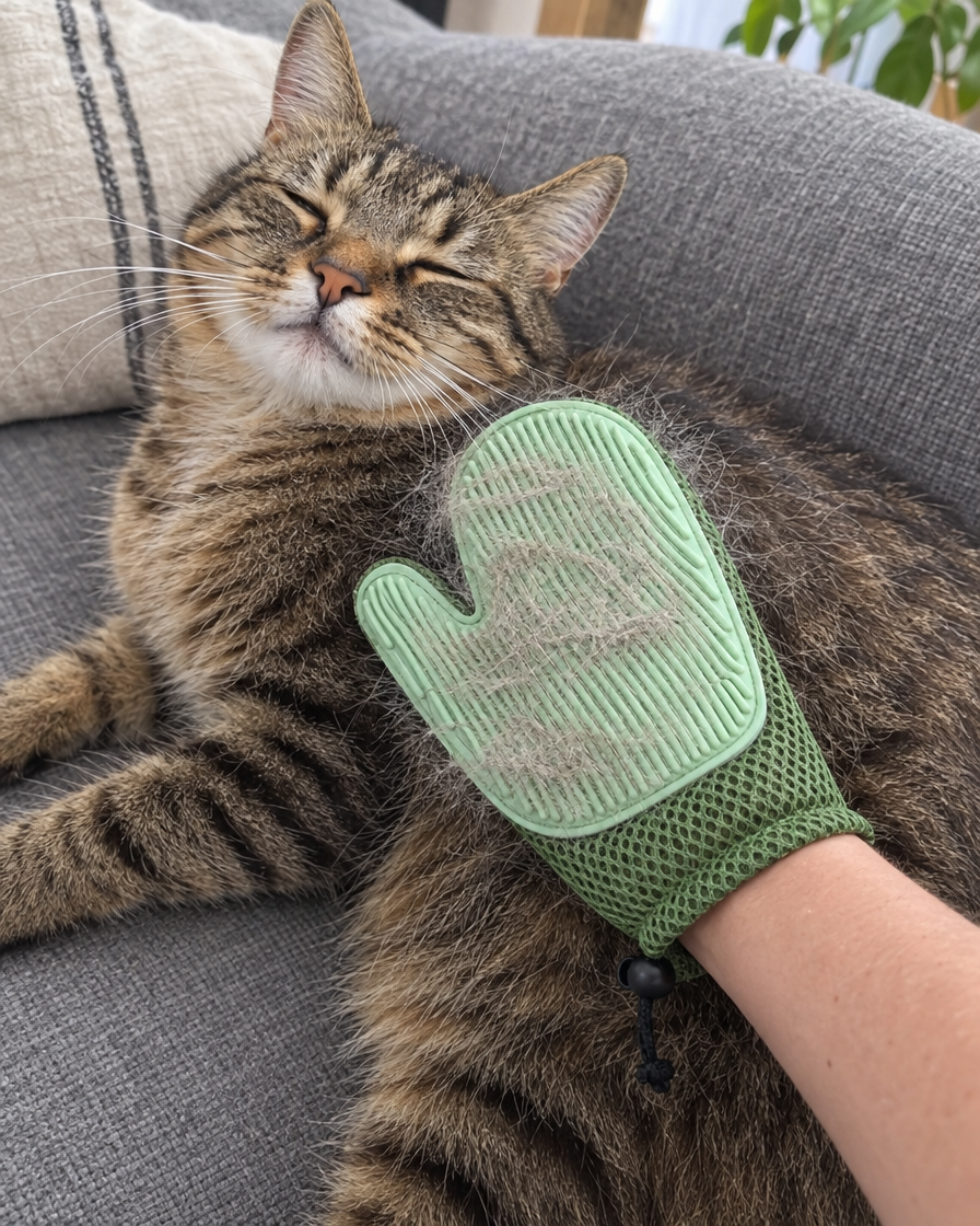 Chat tigré caressé avec le gant de toilettage