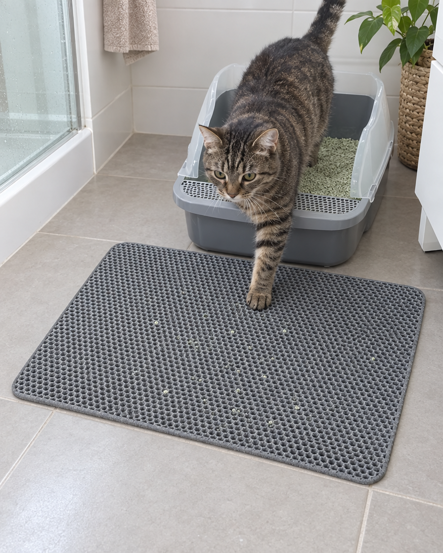 Chat sortant du bac sur le tapis de litière
