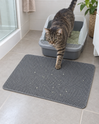 Chat sortant du bac sur le tapis de litière