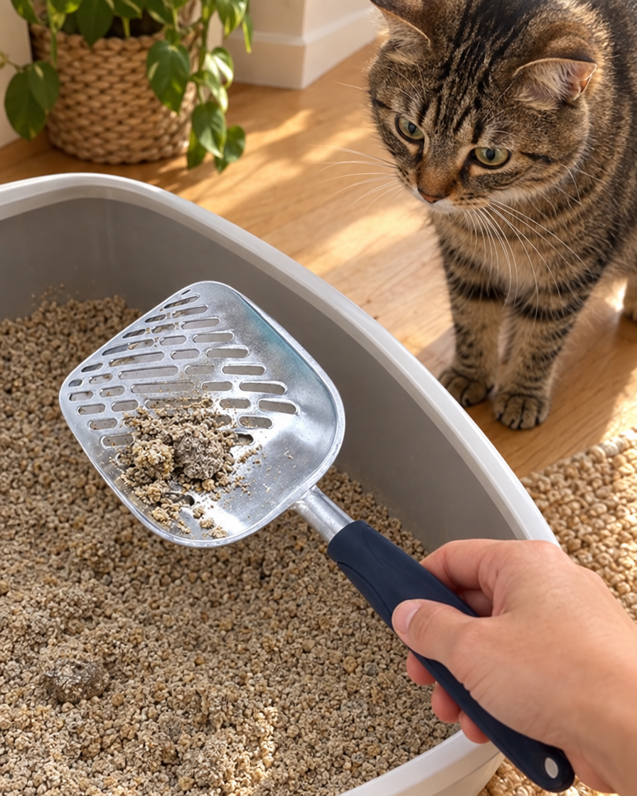 Chat observant le nettoyage de sa litière