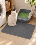 Chat blanc sur le tapis de litière gris