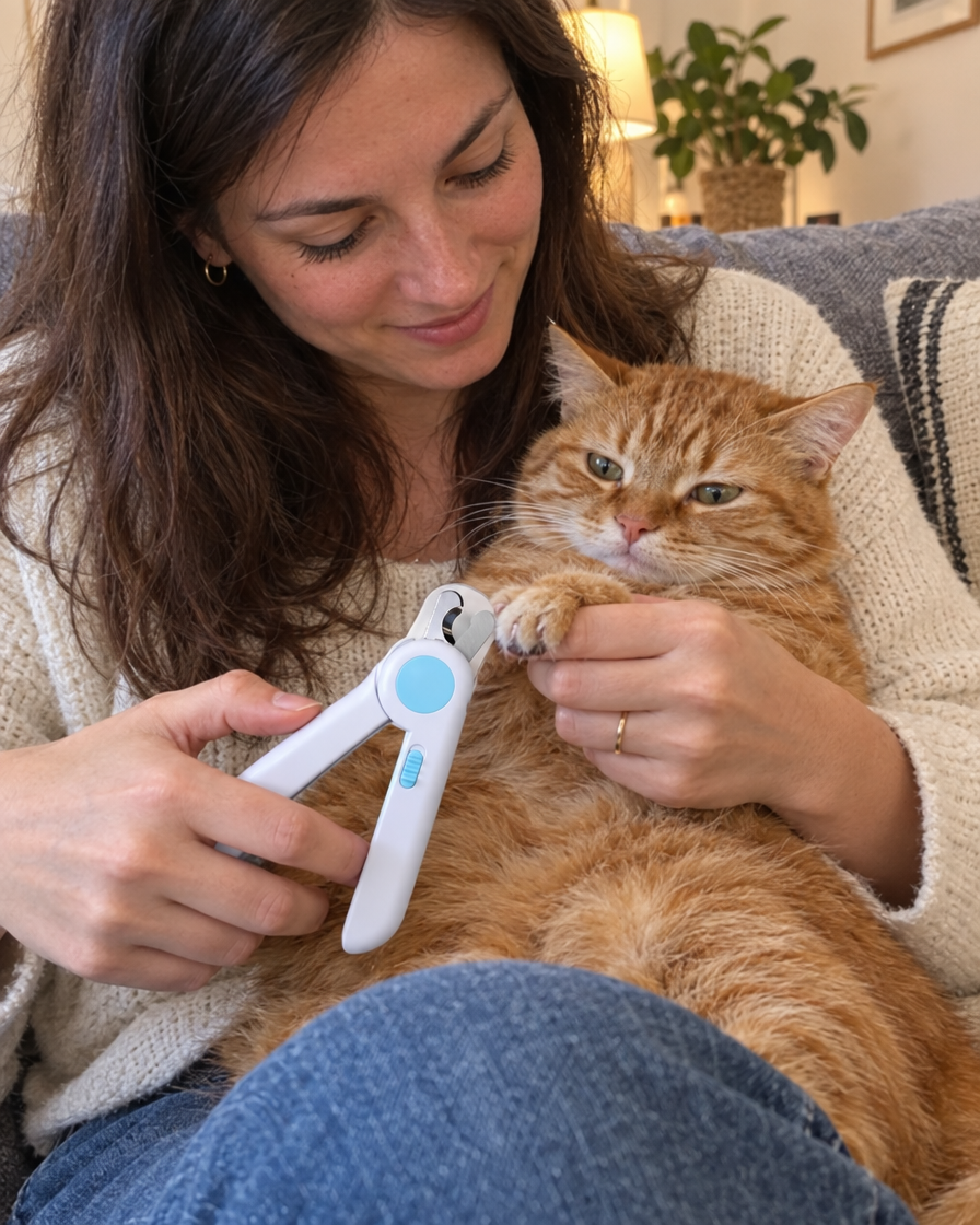Propriétaire coupant les griffes de son chat roux
