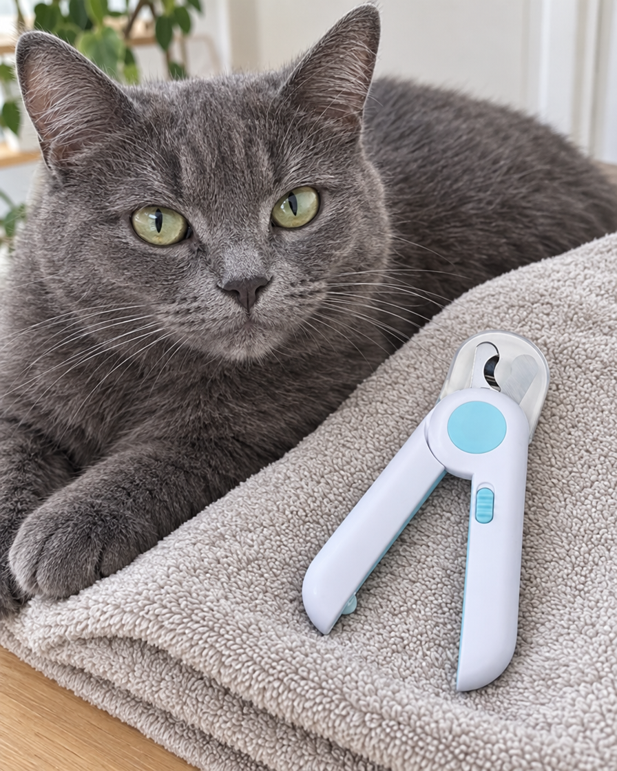 Coupe-griffes à LED posé près d'un chat gris
