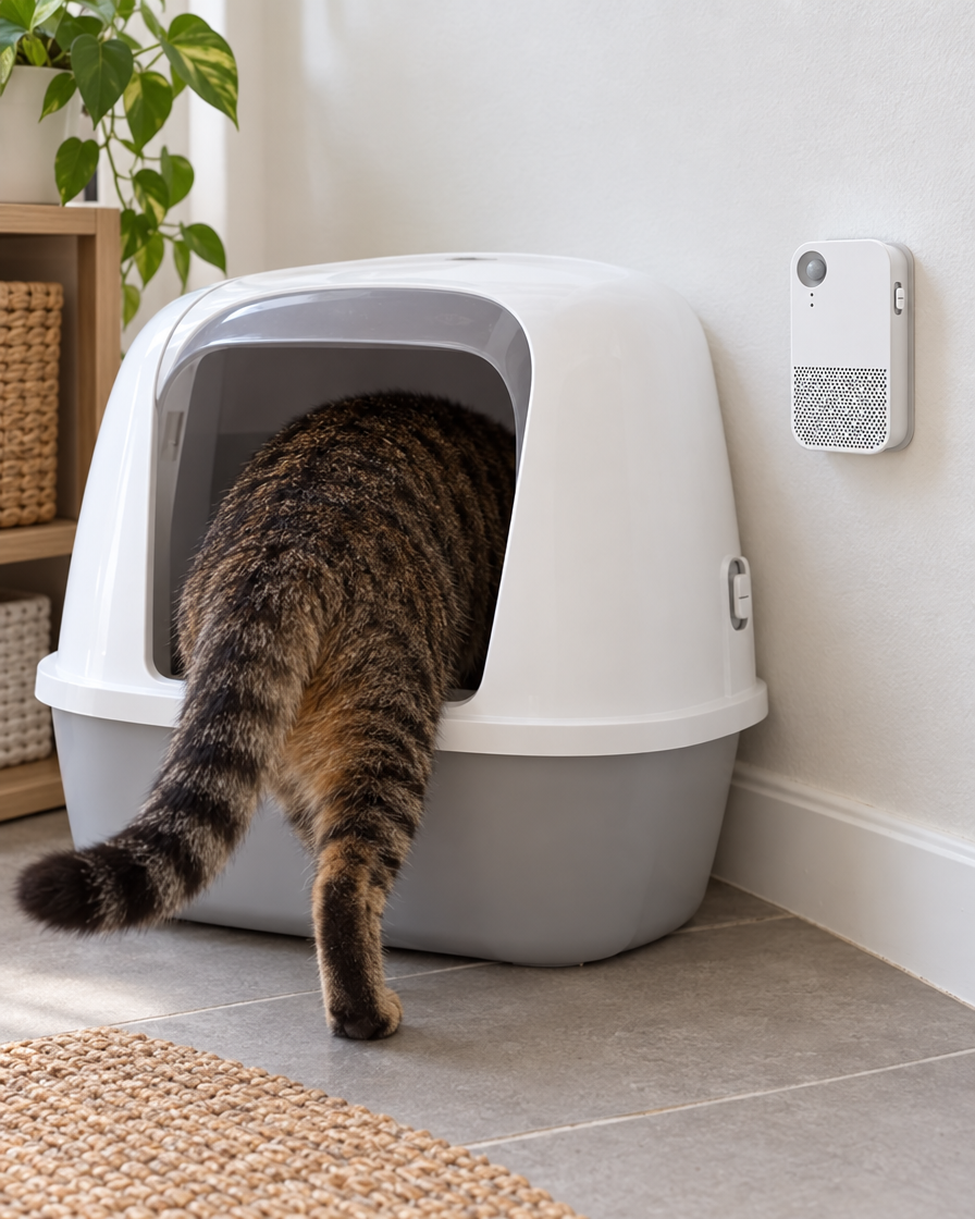 Chat entrant dans son bac avec désodorisant au mur