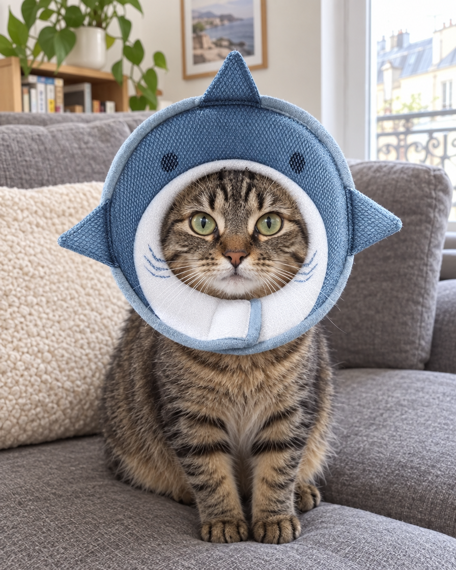 Chat tigré portant la collerette souple requin