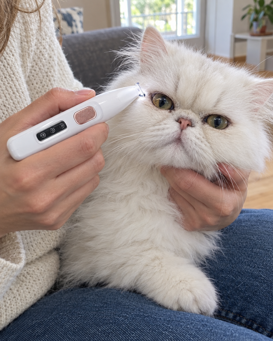 Tonte du contour des yeux d'un chat persan