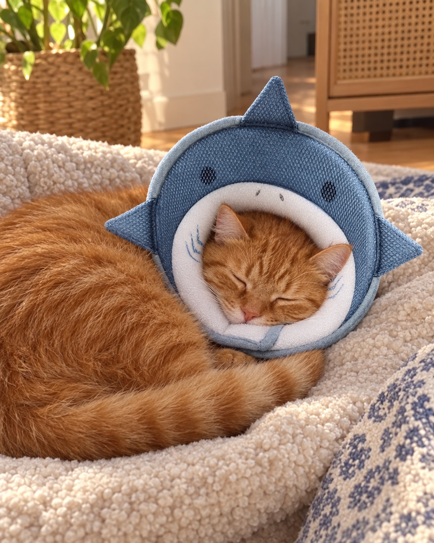 Chat roux dormant avec la collerette requin