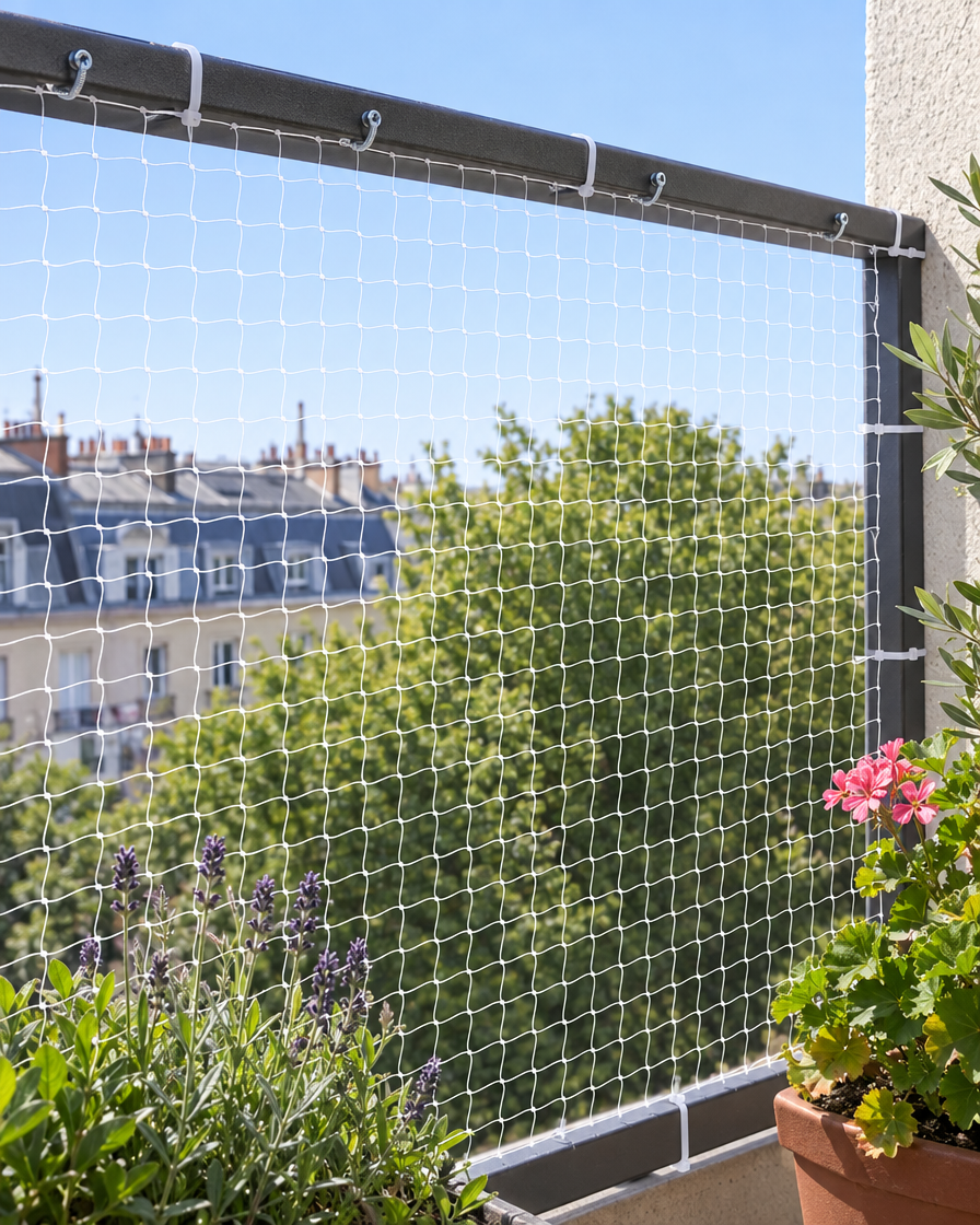 Filet transparent fixé sur une rambarde de balcon