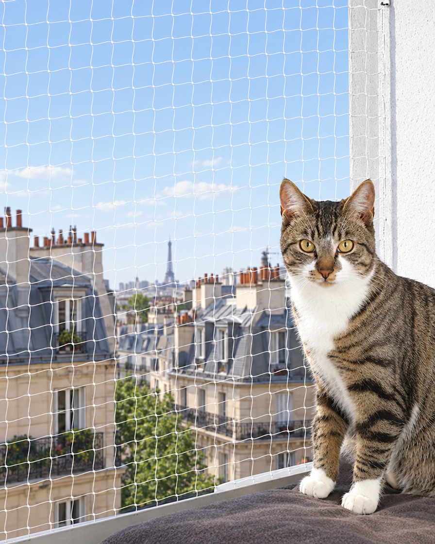Chat en sécurité sur un balcon parisien protégé par un filet