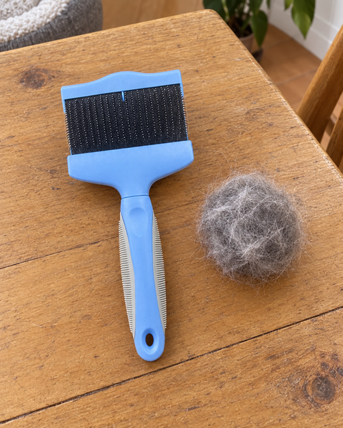 Brosse carde bleue et poils morts retirés