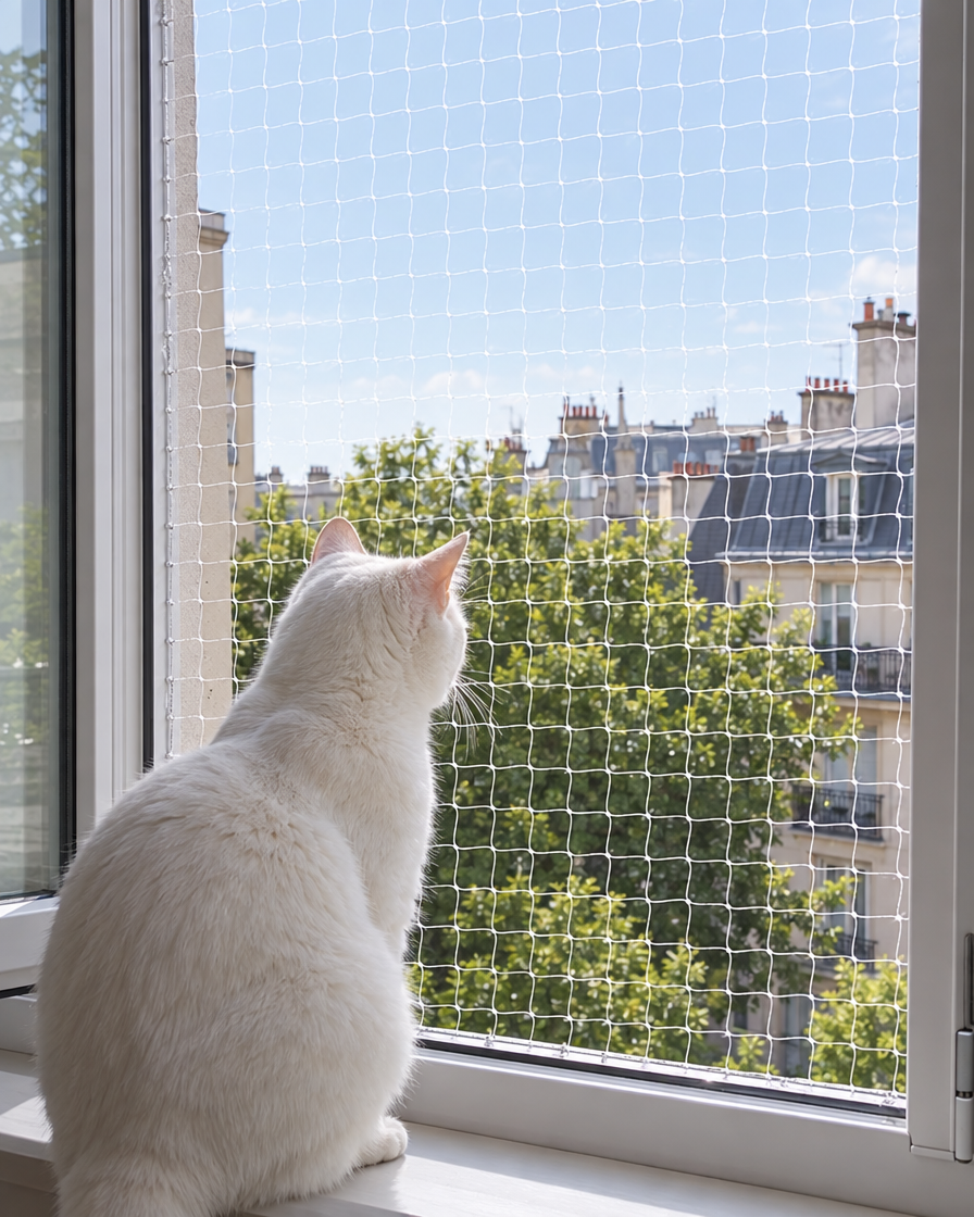 Chat blanc regardant dehors à travers le filet de fenêtre