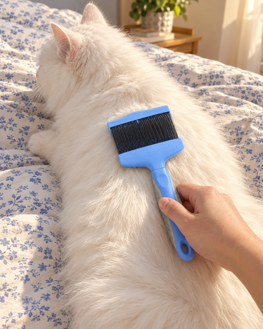 Brossage d'un chat blanc sur le lit