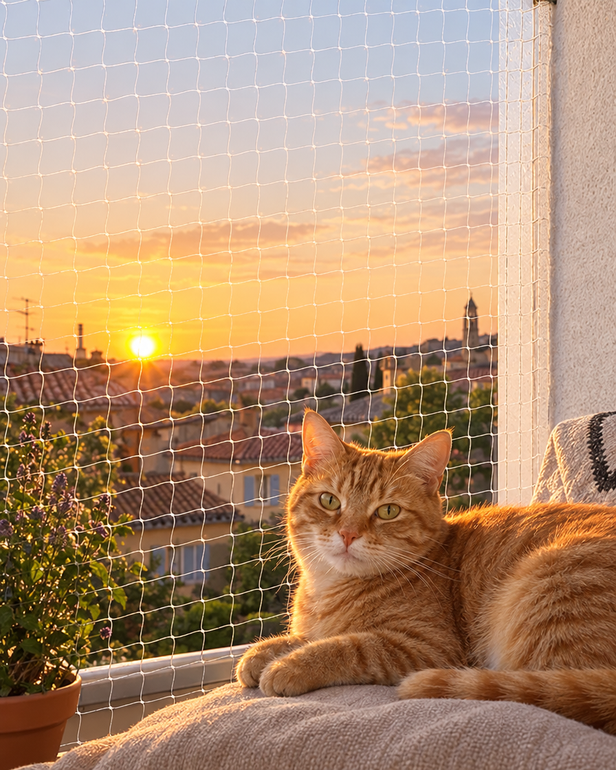 Chat roux au coucher du soleil sur un balcon sécurisé