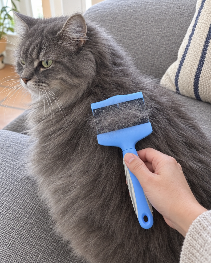 Brossage d'un chat gris à poils longs