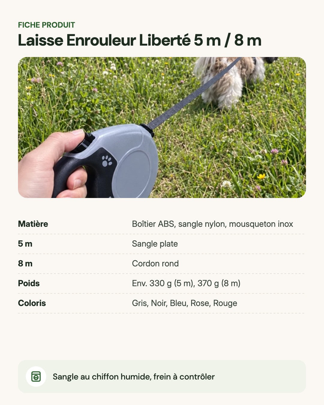 Laisse Enrouleur Liberté 5 m / 8 m – fiche produit