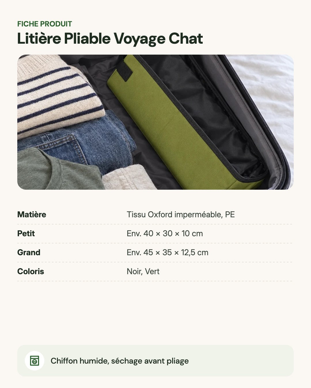 Litière Pliable Voyage Chat – fiche produit