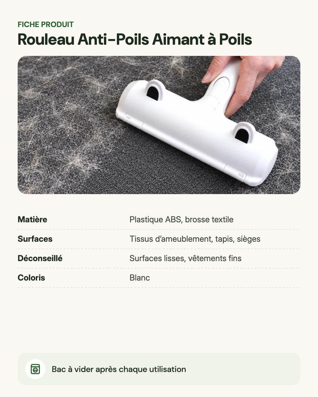 Rouleau Anti-Poils Aimant à Poils – fiche produit