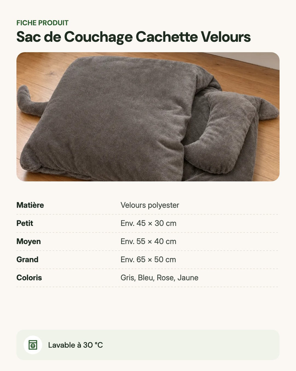 Sac de Couchage Cachette Velours – fiche produit